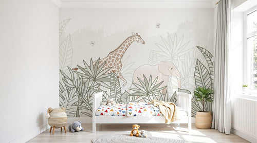 Design SL0273 — Papier peint Girafe elephant rose jungle pastel ligne — Novomur