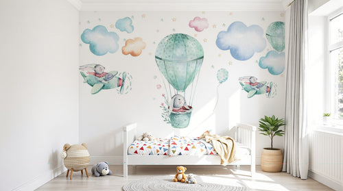 Design SL0274 — Papier peint Lapins aviateurs avions montgolfiere — Novomur