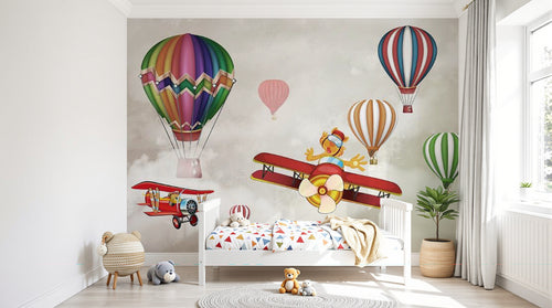 Design SL0326 — Papier peint Montgolfieres avions enfants animaux ciel — Novomur