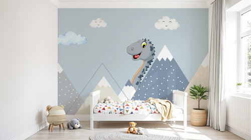 Design SL0445 — Papier peint Dinosaure mignon montagnes nuages cartoon — Novomur