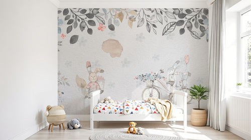 Design SL0679 — Papier peint Lapins velo fleurs aquarelle enfant — Novomur