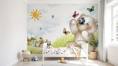 Design SL0692 — Papier peint Ours peluche papillons village soleil enfant — Novomur