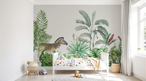 Design SL0777 — Papier peint Zebre jungle palmes succulentes aquarelle — Novomur