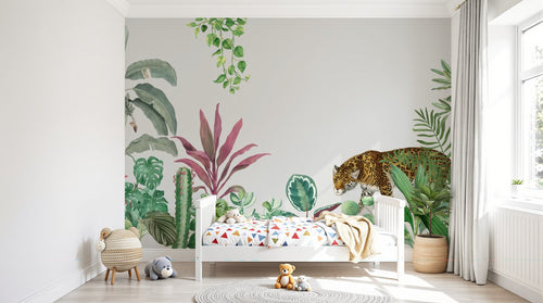 Design SL0778 — Papier peint Leopard jungle plantes diverses aquarelle — Novomur
