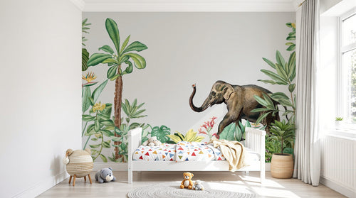 Design SL0779 — Papier peint Elephant jungle palmiers oiseaux paradis — Novomur