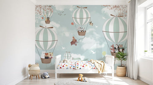 Design SL0792 — Papier peint Montgolfieres animaux ciel enfant — Novomur