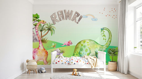 Design SL0795 — Papier peint Dinosaures aquarelle paysage RAWR enfant — Novomur