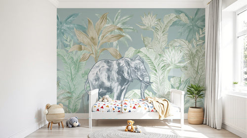 Design SL0824 — Papier peint Elephant jungle vert beige aquarelle vintage — Novomur