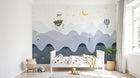 Design SL0849 — Papier peint Vagues bleues montgolfieres lune enfant — Novomur
