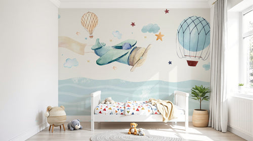 Design SL0876 — Papier peint Avion papier montgolfiere mer aquarelle — Novomur