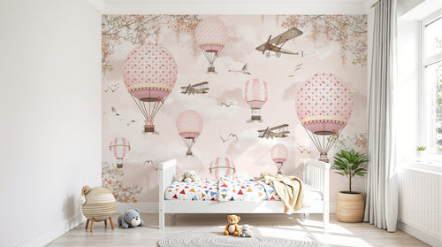 Design ZX0558 — Papier peint Montgolfieres avions roses ciel poudre 2 — Novomur