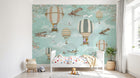 Design ZX0569 — Papier peint Montgolfieres avions animaux ciel turquoise — Novomur