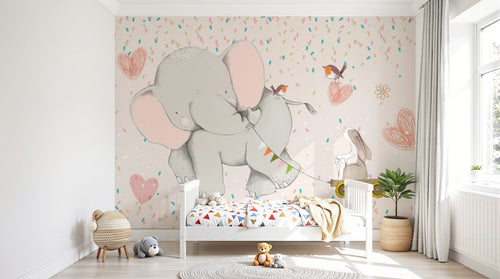 Design ZX0593 — Papier peint Elephants lapin charrette confettis enfant — Novomur