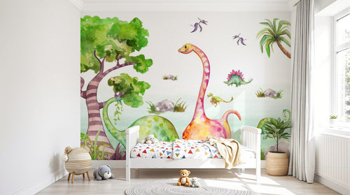 Design ZX0692 — Papier peint Dinosaures aquarelle arbres enfant — Novomur