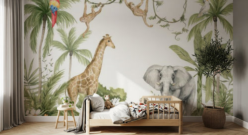 Design B001 — Papier peint Safari aquarelle animaux & palmiers — Novomur