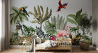 Design B005 — Papier peint Jungle stylisee animaux et flamants roses — Novomur