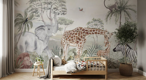 Design B007 — Papier peint Savane africaine acacias et animaux — Novomur