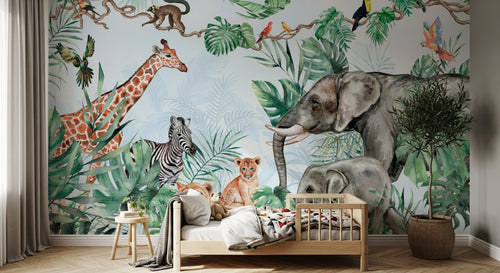 Design B011 — Papier peint Safari jungle vert vif animaux nombreux — Novomur