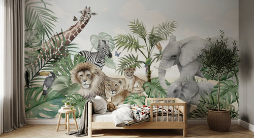 Design B013 — Papier peint Safari panoramique familles animaux — Novomur