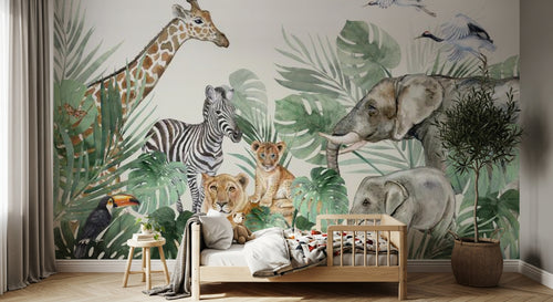 Design B015 — Papier peint Safari aquarelle familles animaux et monstera — Novomur