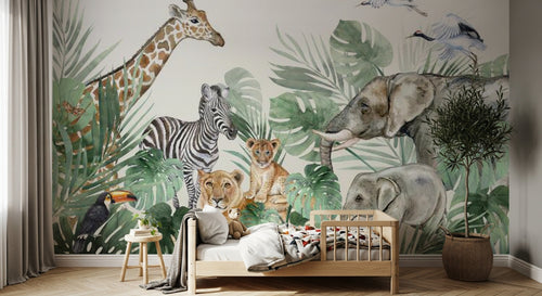 Design B015 — Papier peint Safari aquarelle familles animaux et monstera — Novomur