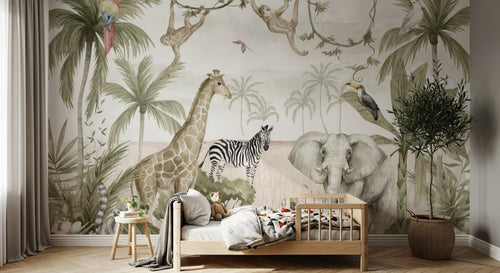 Design B020 — Papier peint Safari aquarelle palmiers lianes pastel — Novomur