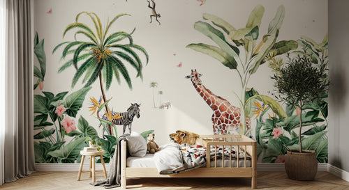 Design B022 — Papier peint Safari aquarelle palmiers fleurs tropicales — Novomur