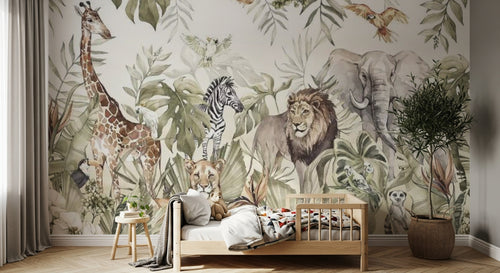 Design B024 — Papier peint Safari aquarelle vert sauge animaux multiples — Novomur