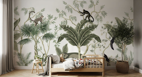 Design B027 — Papier peint Chinoiserie animaux exotiques bambou tons sauge — Novomur
