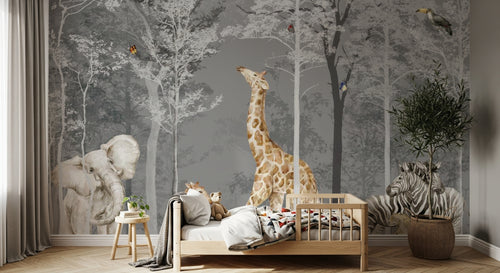Design B031 — Papier peint Safari foret brumeuse arbres blancs gris — Novomur