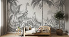 Design B034 — Papier peint Safari gravure monochrome gris palmiers — Novomur
