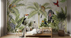 Design B037 — Papier peint Jungle moderne primates et oiseaux exotiques — Novomur