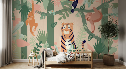 Design C0193 — Papier peint Jungle Enfant Tigre & Singes — Novomur