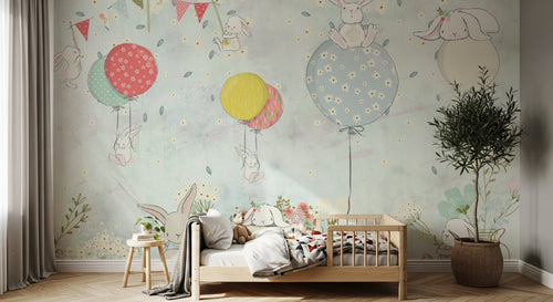 Design FC335 — Papier peint Lapins ballons aquarelle enfant — Novomur