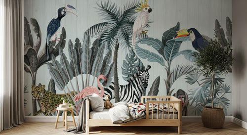 Design SL0029 — Papier peint Jungle moderne animaux exotiques fond bois bleu — Novomur