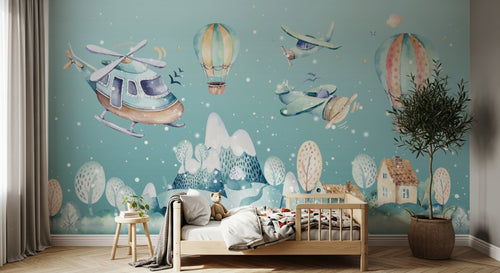 Design SL0064 — Papier peint Helicoptere avions montgolfieres village hiver — Novomur