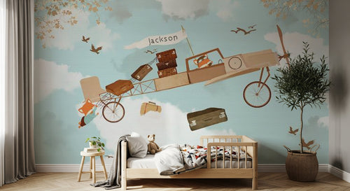 Design SL0200 — Papier peint Avion bois enfant valises Jackson ciel — Novomur
