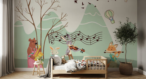Design SL0205 — Papier peint Animaux musiciens montgolfieres montagne — Novomur