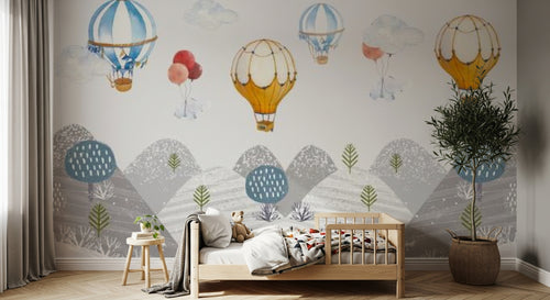 Design SL0258 — Papier peint Montgolfieres ciel montagnes neige enfant — Novomur