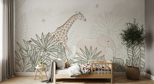 Design SL0273 — Papier peint Girafe elephant rose jungle pastel ligne — Novomur