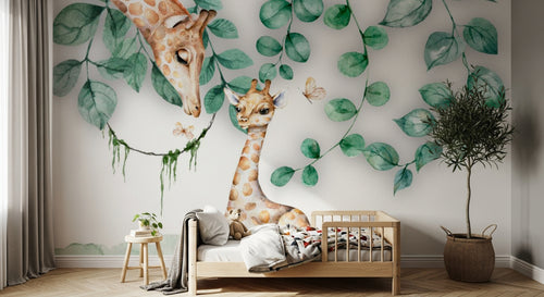 Design SL0275 — Papier peint Girafe maman bebe arbre aquarelle — Novomur