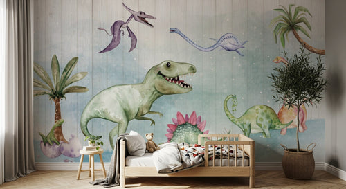 Design SL0352 — Papier peint Dinosaures aquarelle palmiers paysage — Novomur