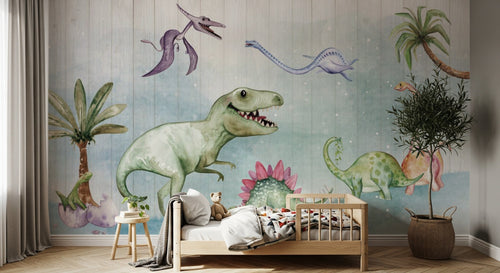 Design SL0352 — Papier peint Dinosaures aquarelle palmiers paysage — Novomur