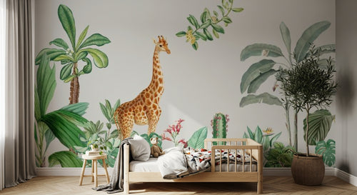 Design SL0402 — Papier peint Girafe jungle aquarelle palmiers cactus — Novomur