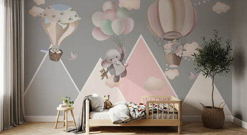Design SL0519 — Papier peint Lapins elephant montgolfieres montagnes pastel — Novomur
