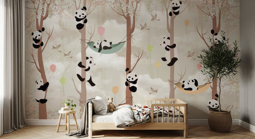 Design SL0581 — Papier peint Pandas grimpants ballons hamacs enfant — Novomur