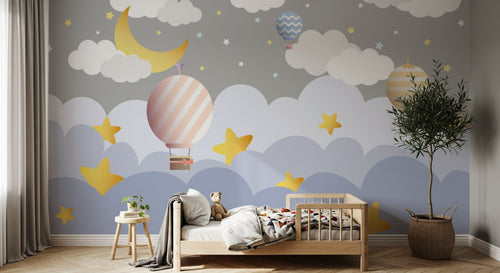 Design SL0618 — Papier peint Montgolfieres nuages lune etoiles enfant — Novomur