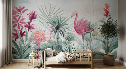 Design SL0677 — Papier peint Flamants roses jungle hibiscus aquarelle — Novomur