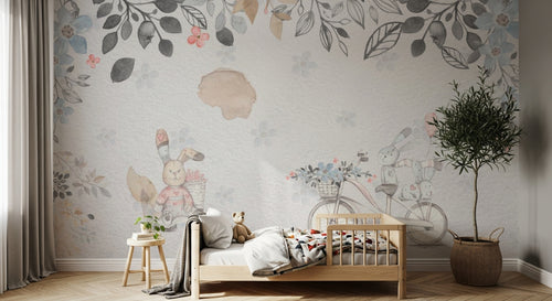 Design SL0679 — Papier peint Lapins velo fleurs aquarelle enfant — Novomur