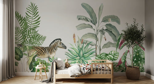 Design SL0777 — Papier peint Zebre jungle palmes succulentes aquarelle — Novomur